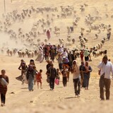 رجال ونساء وأطفال من الأقلية الإيزيدية يسيرون في الصحراء برفقة الأغنام.