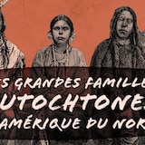 le texte «LES GRANDES FAMILLE AUTOCHTONES D’AMÉRIQUE DU NORD» avec comme fond le dessin de quatre personnes autochtones
