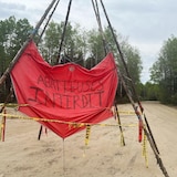 Un tipi orné d'une banderole affichant le message Abatteuses interdit et entouré d'un cordon de sécurité est planté dans une zone forestière.