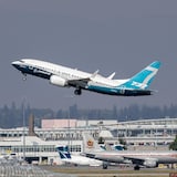 A Boeing 737 MAX 7 plane taking off from Vancouver Airport, 2020.