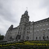 Plan panoramique de l'Assemblée nationale sous un ciel gris.