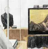Un croquis montre un homme dans un tribunal en train de regarder un écran.