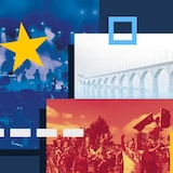 Réinterprétation du drapeau acadien avec des images et des formes géographiques