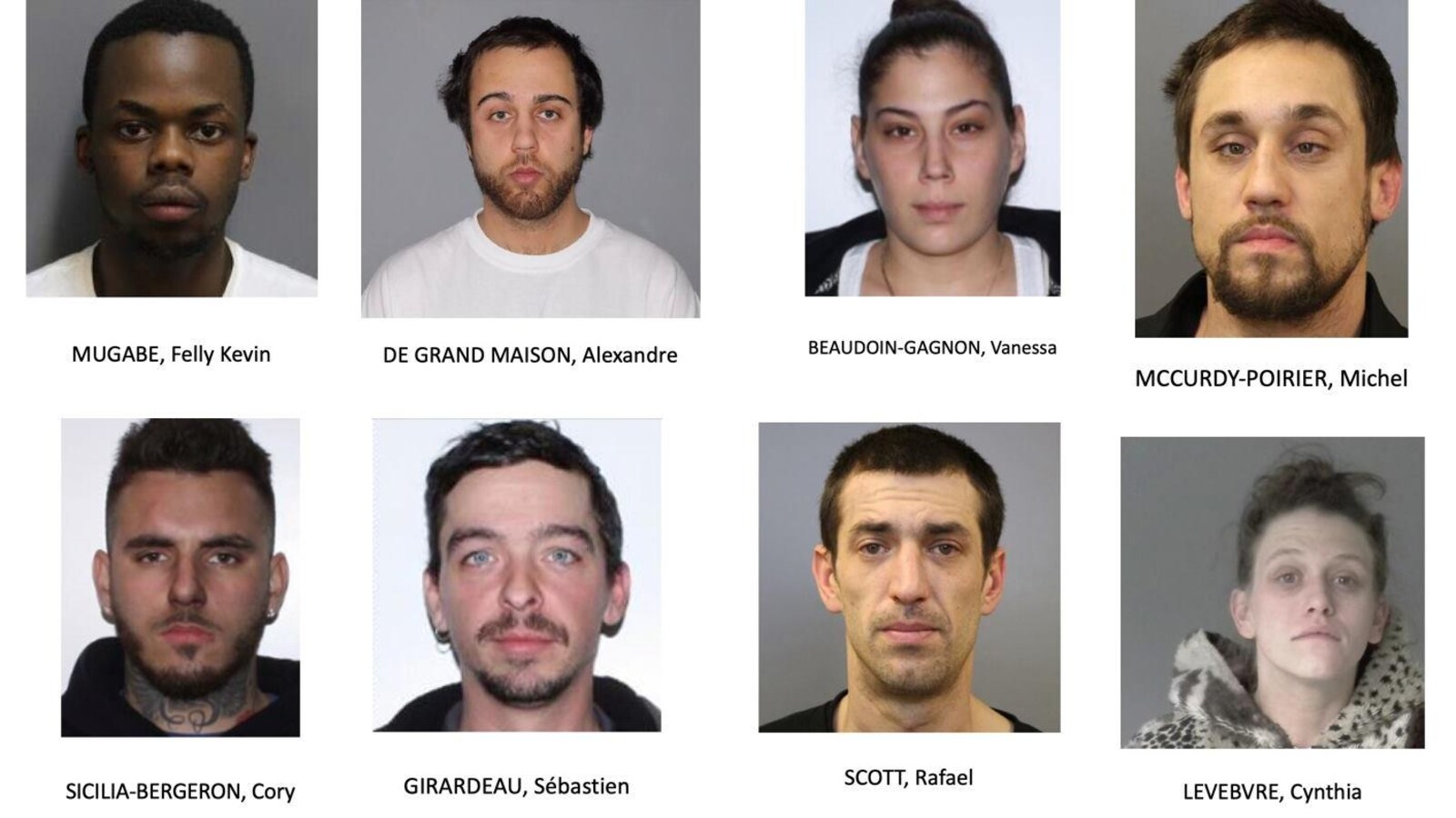 Trombinoscope des 8 personnes qui font face à des accusations dans cette affaire.