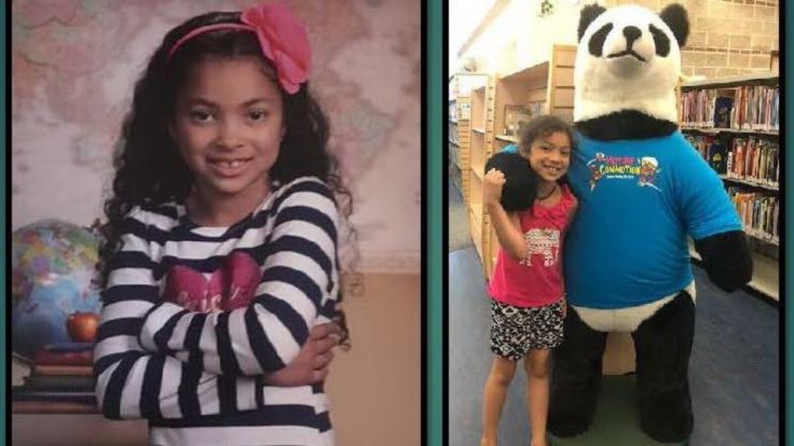 Deux photos juxtaposées, dont la première montre une jeune fille qui sourit et l'autre, une jeune fille dans une bibliothèque avec un ourson en peluche géant.