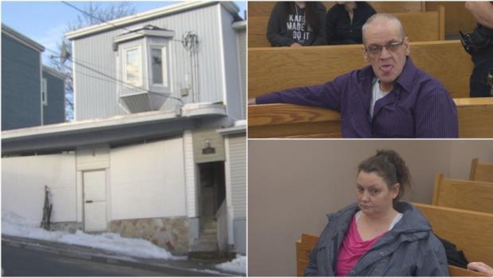 À gauche, la maison de la rue Springdale où l'agression a eu lieu. En haut à droite, Harold Noftall est assis à la cour provinciale. En bas à gauche, Mabel Stanley est aussi assise sur un banc de la cour provinciale.