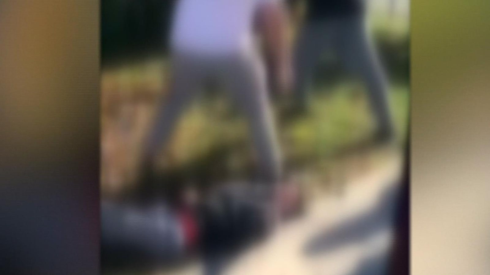 Une capture d'écran d'une vidéo où l'on peut distinguer un élève au chanail blanc qui piétine un élève au sol.