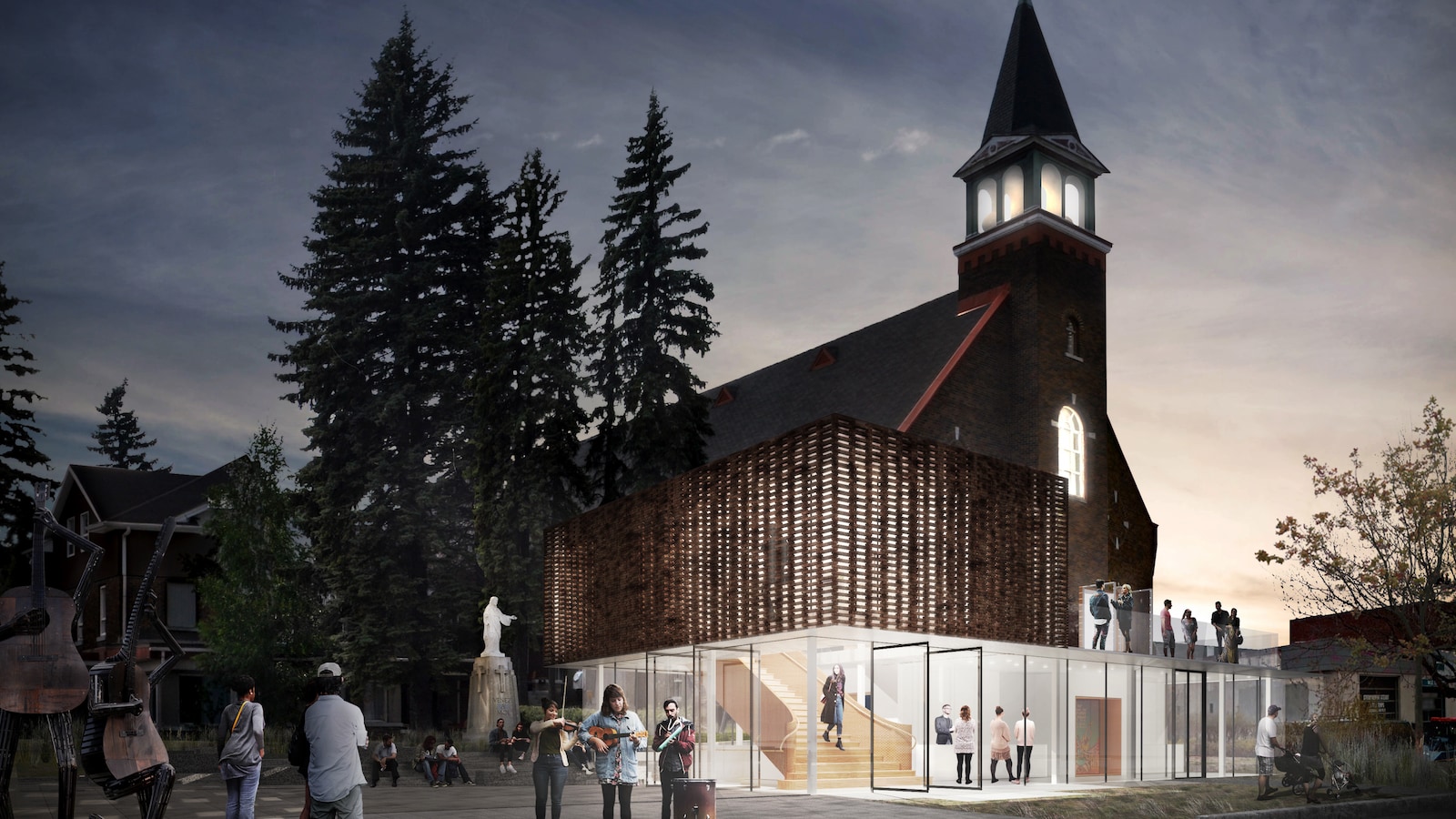 Plans architecturaux représentant les changements qui seront apportés à la salle de spectacle l'Agora des arts, donc une cage en verre cinne devanture de l'ancienne église.