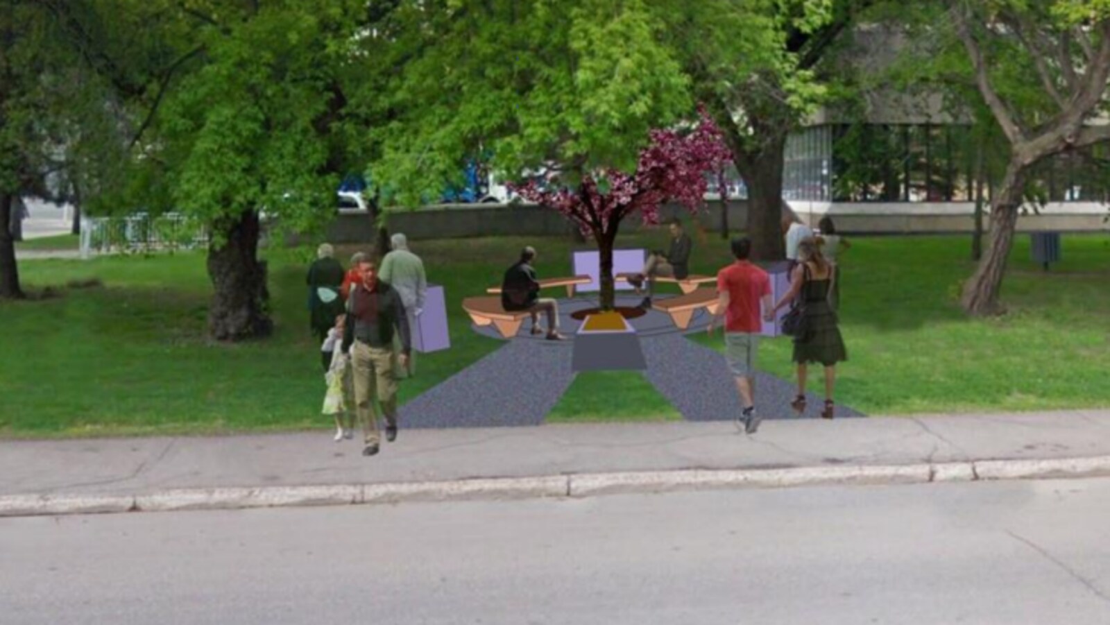 Le dessin du mémorial montre quatre bancs placés en rond sous des arbres et un petit mur gris avec des piétons.