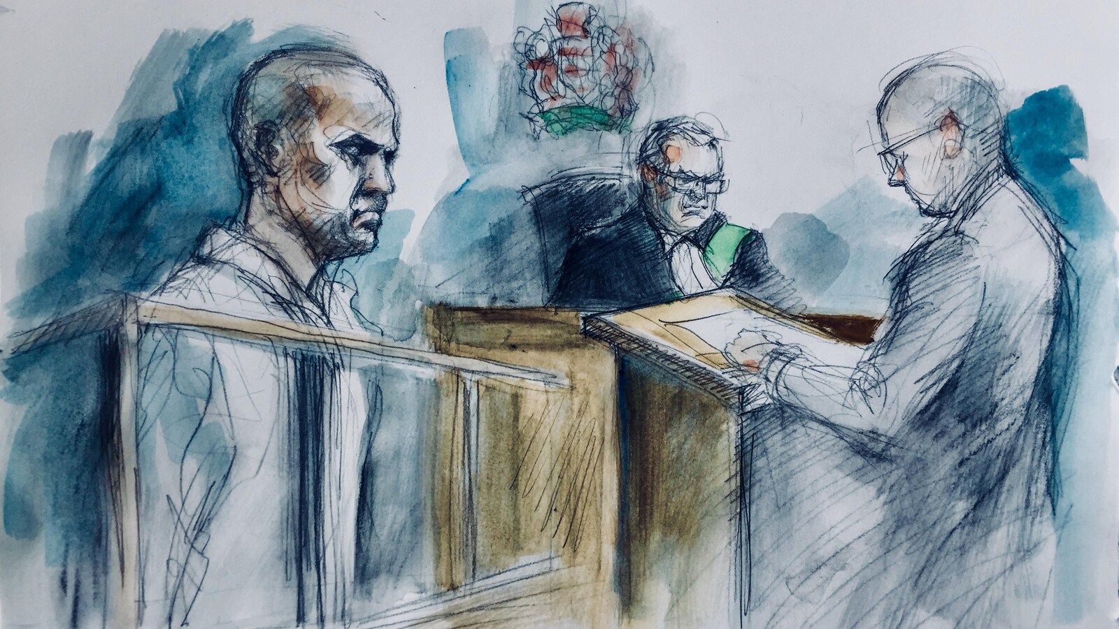 Dessin de cour de l'accusé devant le juge et le procureur.