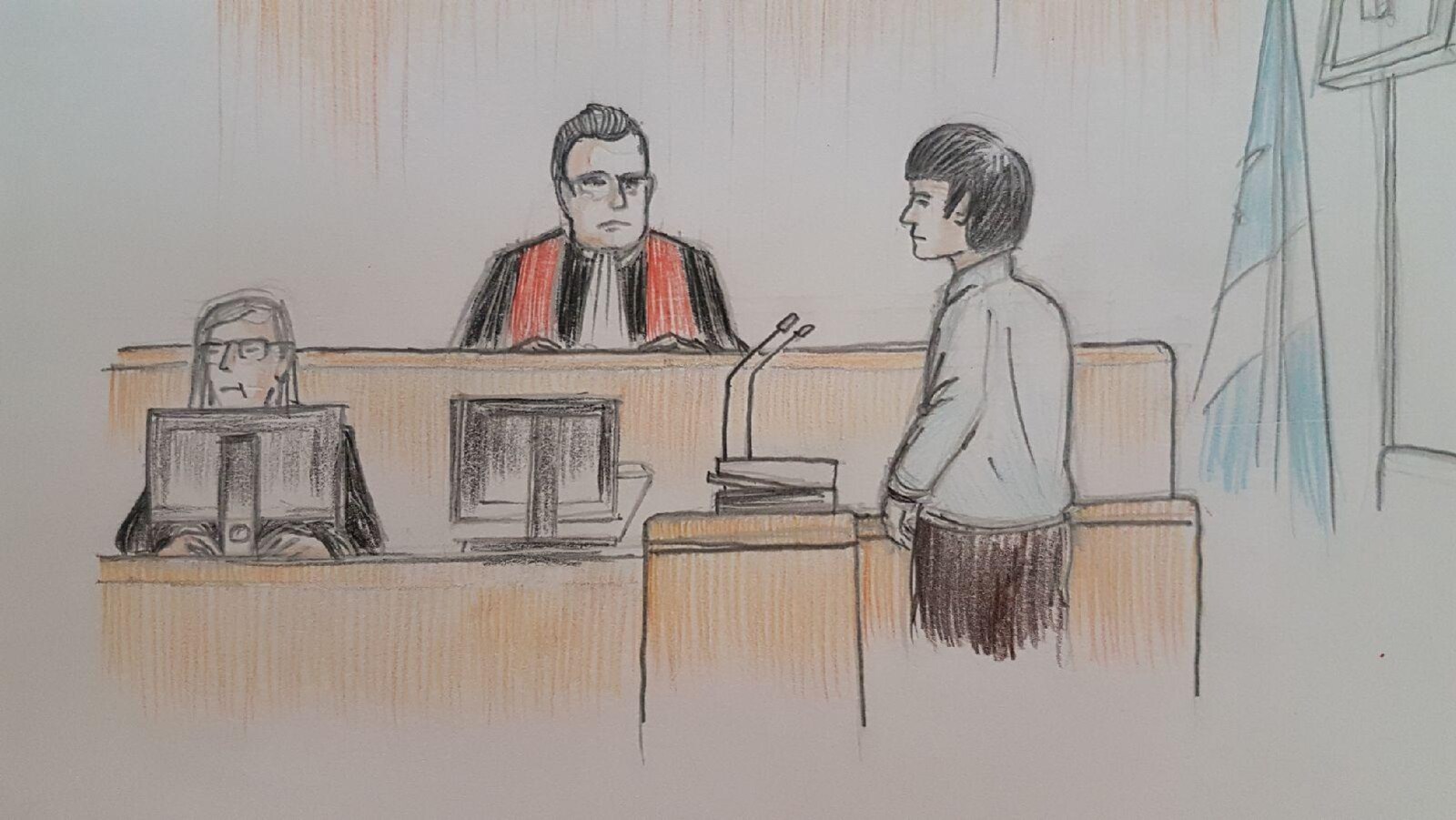 Une illustration d'Alexandre Bissonnette, du juge et de la sténographe lors des procédures du 26 mars 2018.