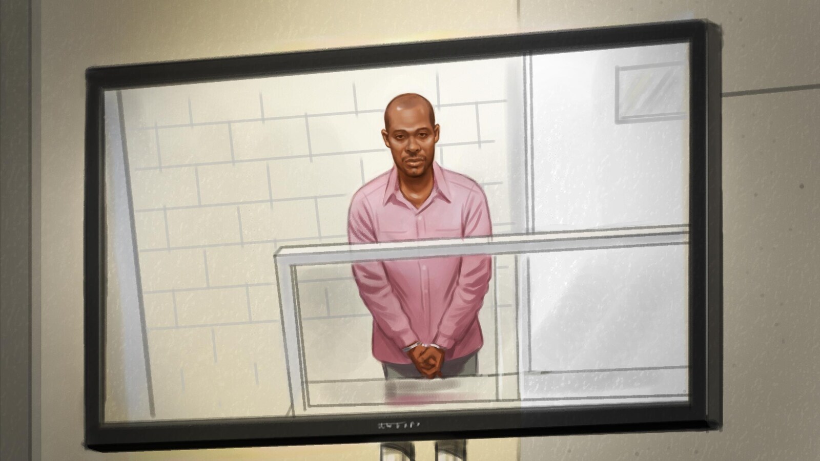 Dessin illustrant un homme noir menotté sur un écran lors d'un témoignage au tribunal