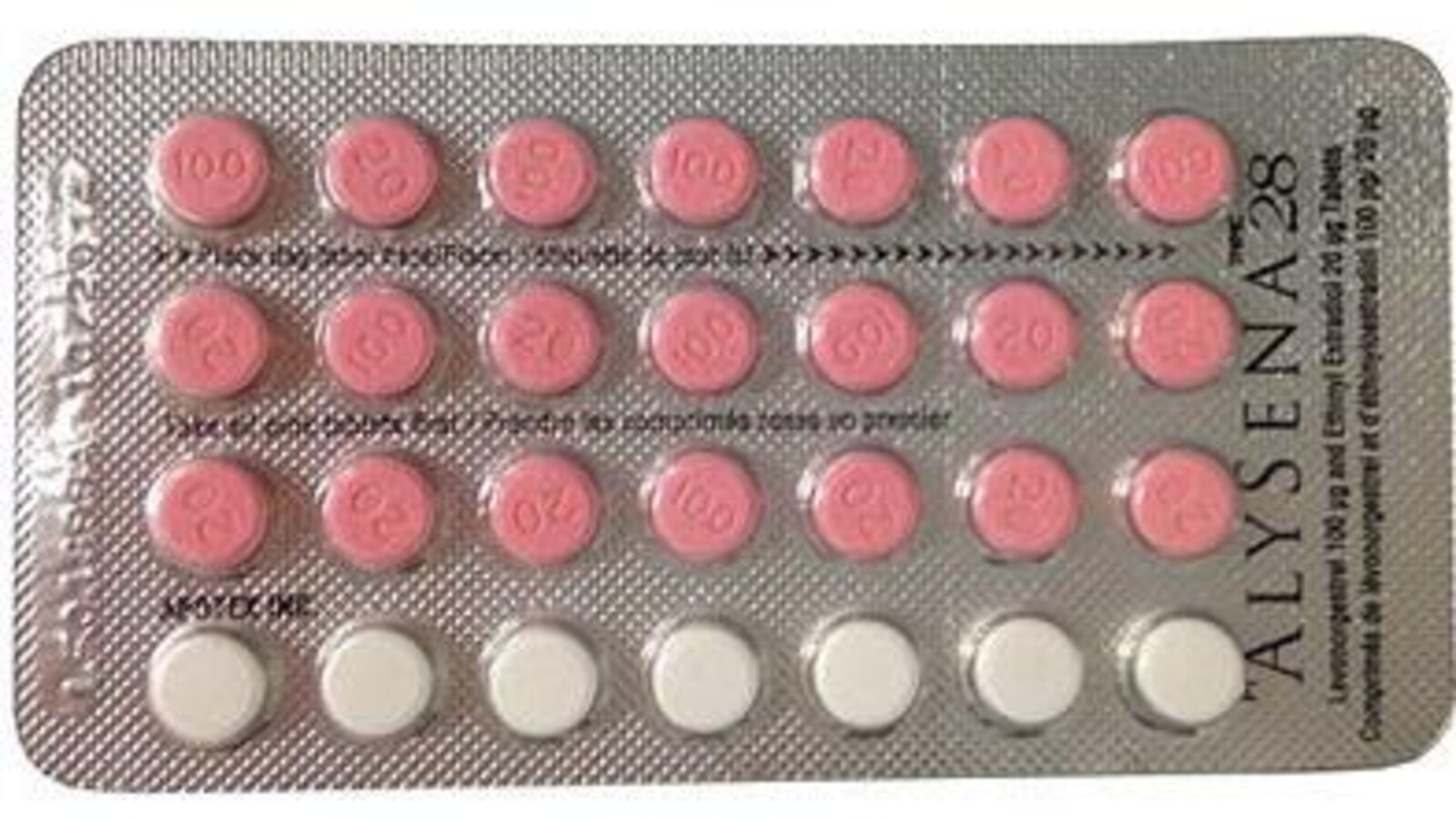 Une plaquette de pilules anticonceptionnelles Alysena 28.