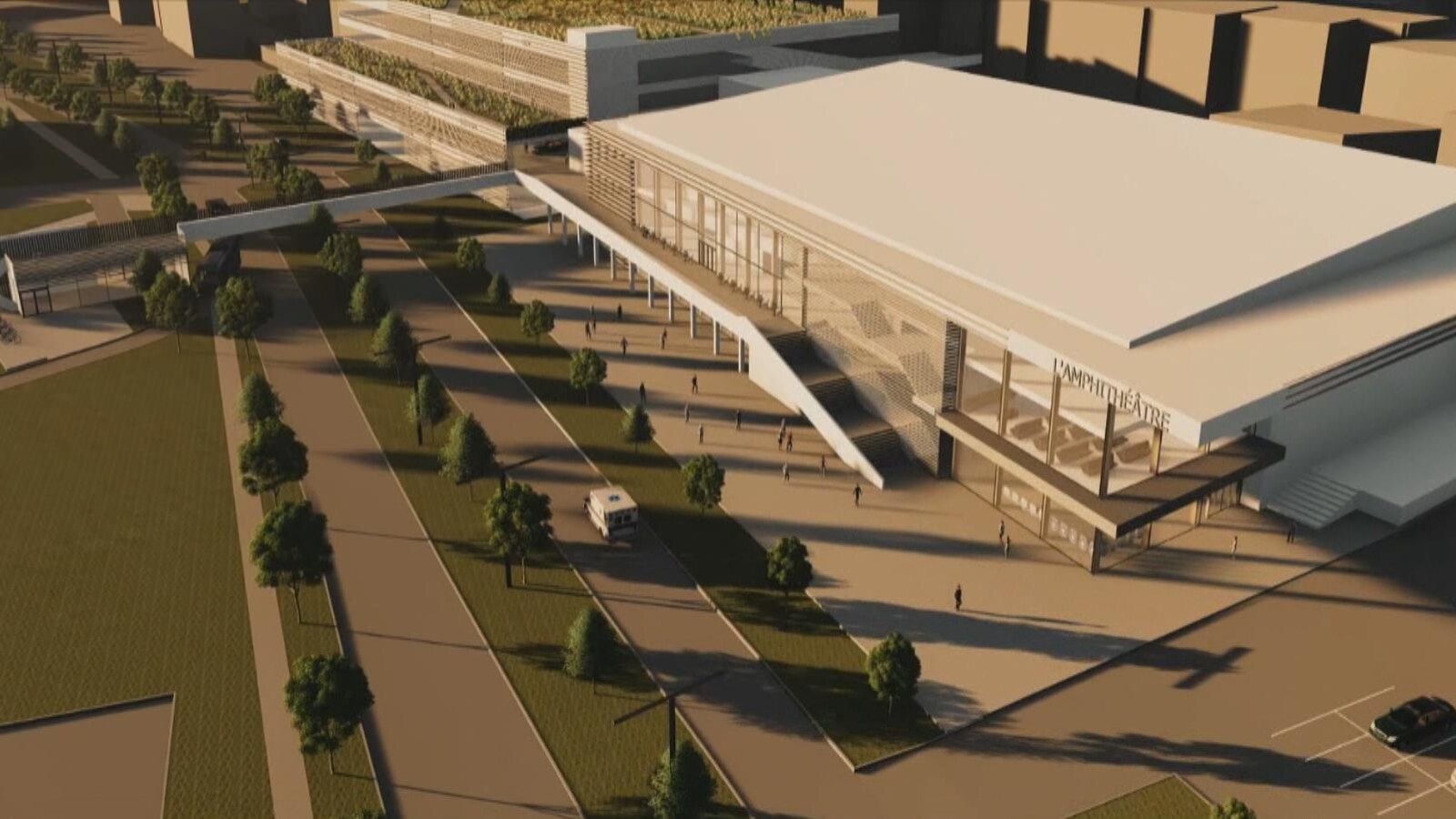 Un croquis d'un amphithéâtre entouré d'espaces verts