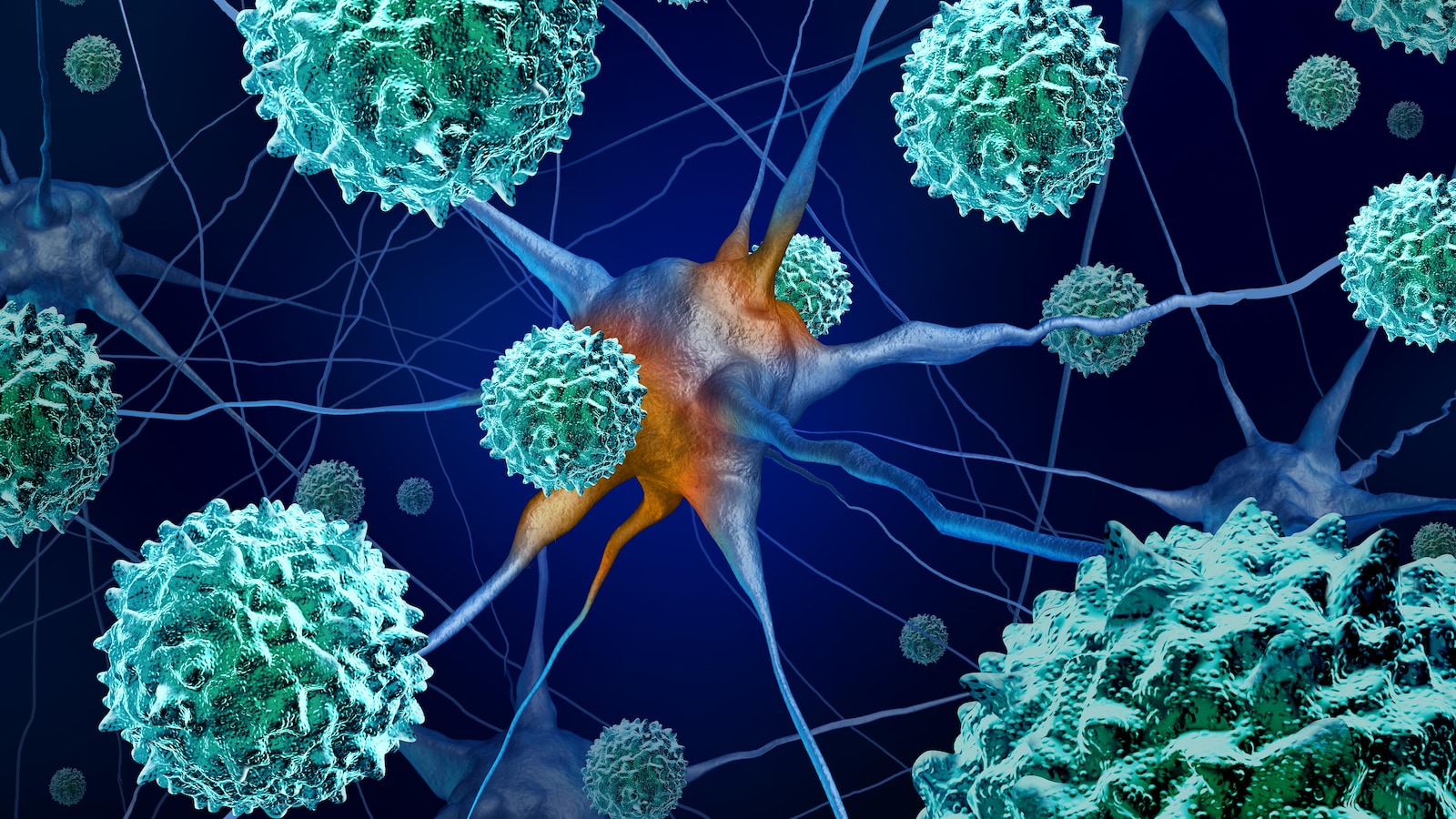 Illustration en 3D de l'enterovirus responsable de l'amyélite flasque aiguë.