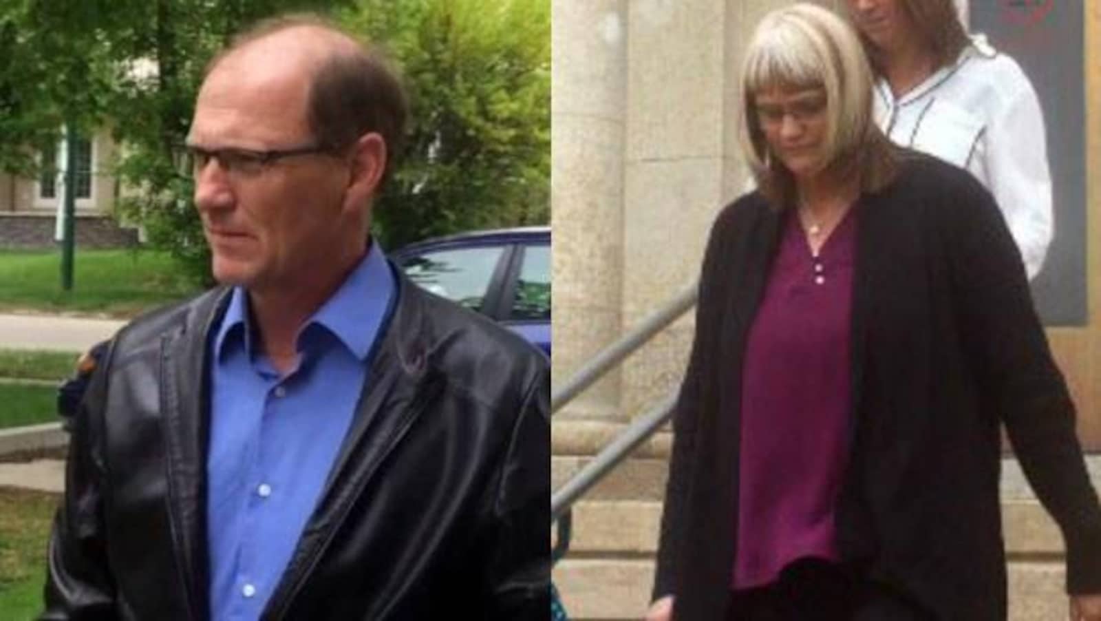 moitié droite : Un homme au visage grave, avec lunettes et veste en cuir.
moitié gauche : une femme au visage grave descend des escaliers.