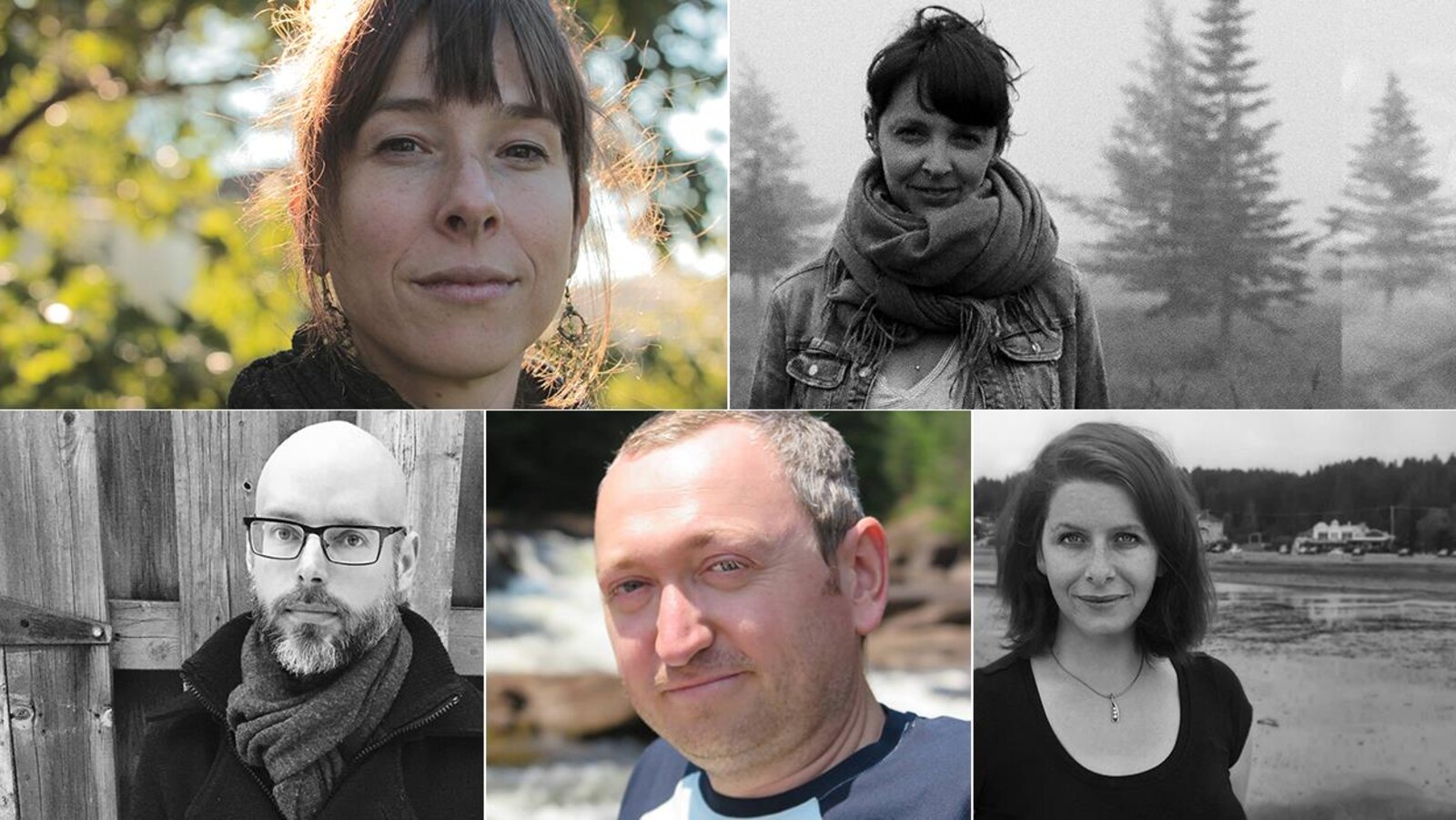 Montage de 5 portraits de poètes : Anne-Marie Desmeules, Kristina G. Landry, Mario Brassard, Mathieu Simoneau, Marie-Hélène Voyer
