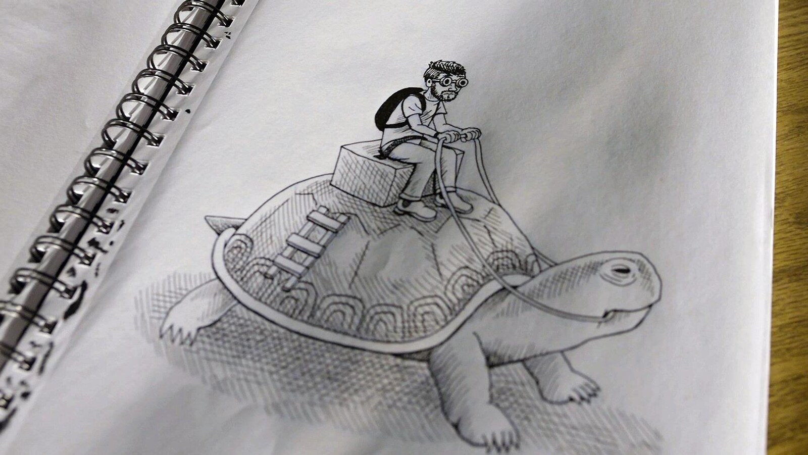 Une feuille de papier sur laquelle on voit le dessin d'Anthony Woodward, en noir et blanc. Il s'est dessiné sur le dos d'une tortue.