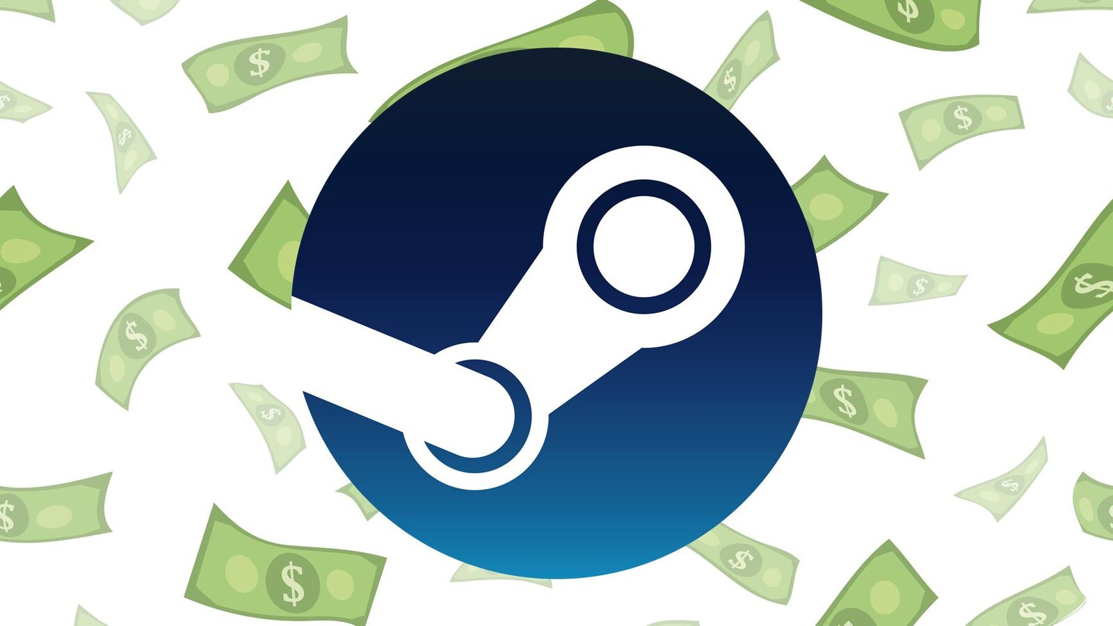 Le logo de Steam, représentant la bielle d'un moteur à vapeur, superposé à une image représentant une pluie de billets de banque.