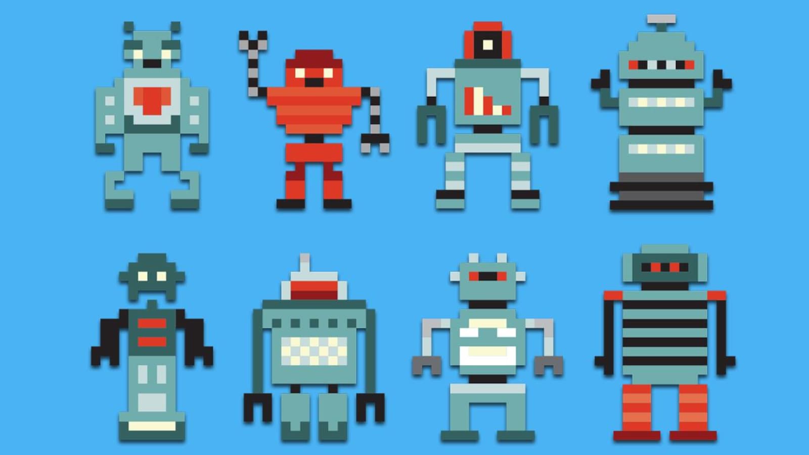 Nous voyons une illustration de huit robots style jeux vidéos.