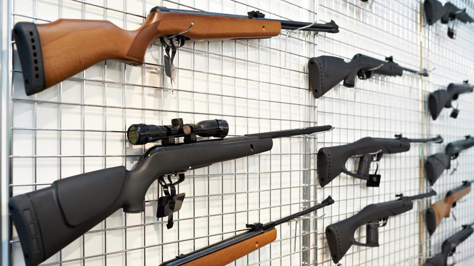 Des armes à feu accrochées à un grillage installé au mur.