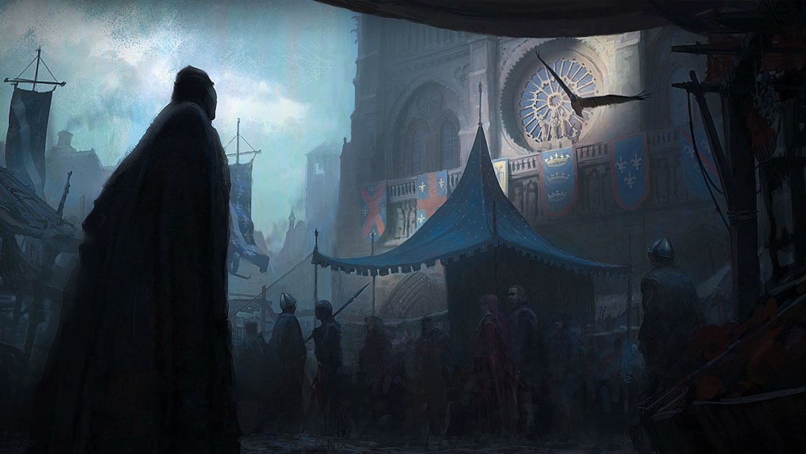 Une peinture d'un homme à contre-jour devant la cathédrale Notre-Dame de Paris