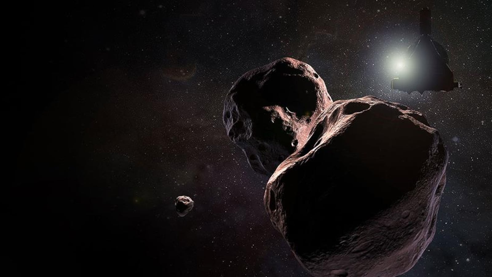 Impression artistique de l'astéroïde 2014 MU69 et de la sonde New horizons.