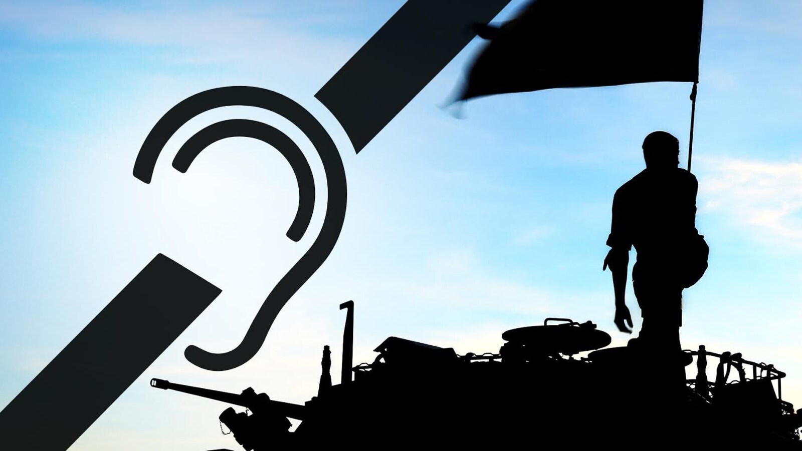 Un montage photo avec un militaire et le symbole international pour personnes sourdes et malentendantes.