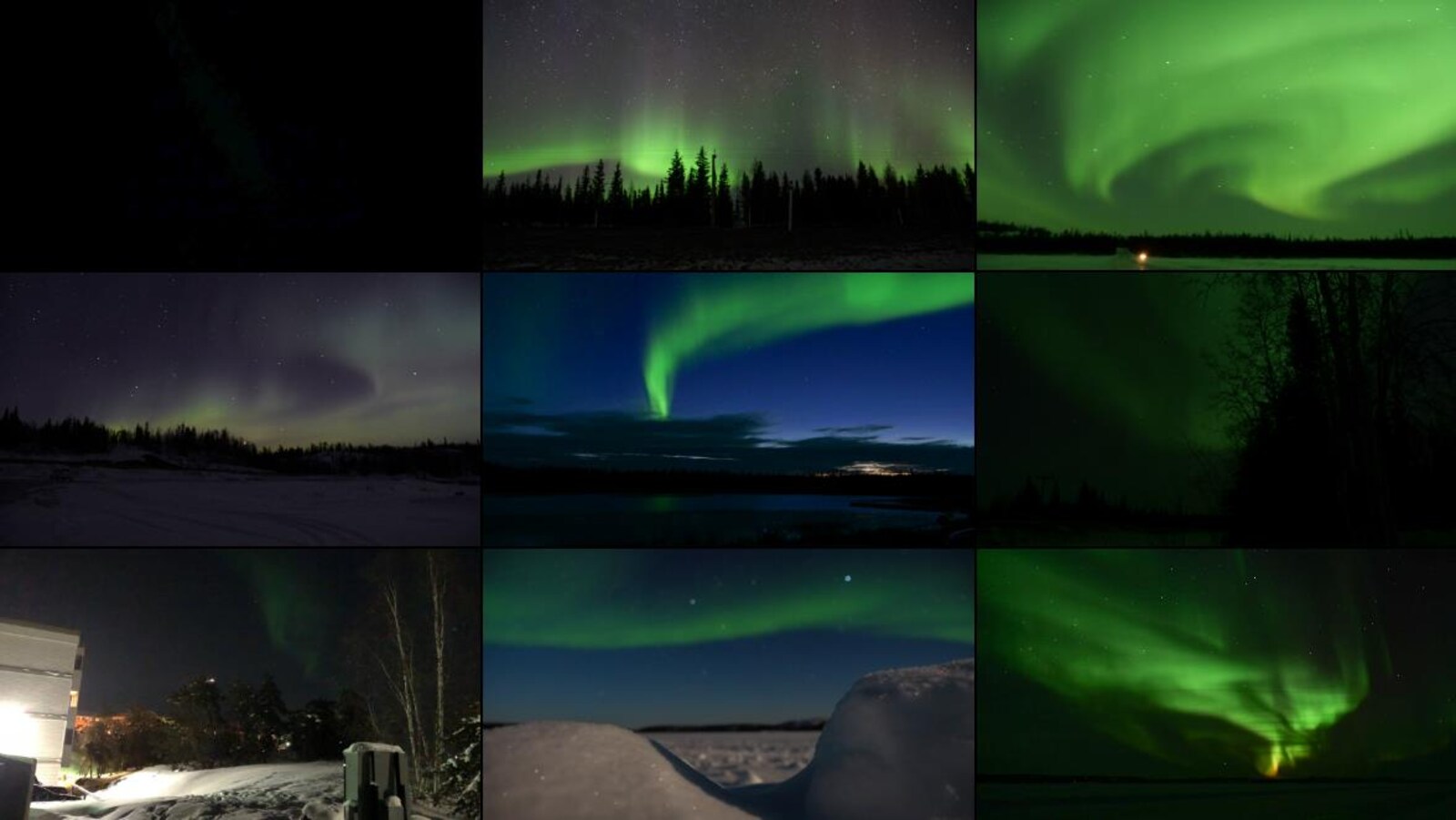 Neuf photos d'aurores boréales, certaines plus réussies que d'autres.