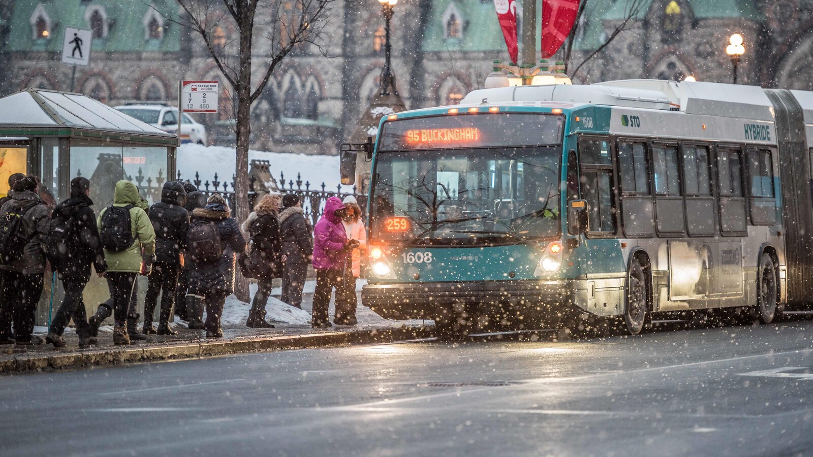 Des citoyens attendent un autobus de la Société de transport de l'Outaouais.