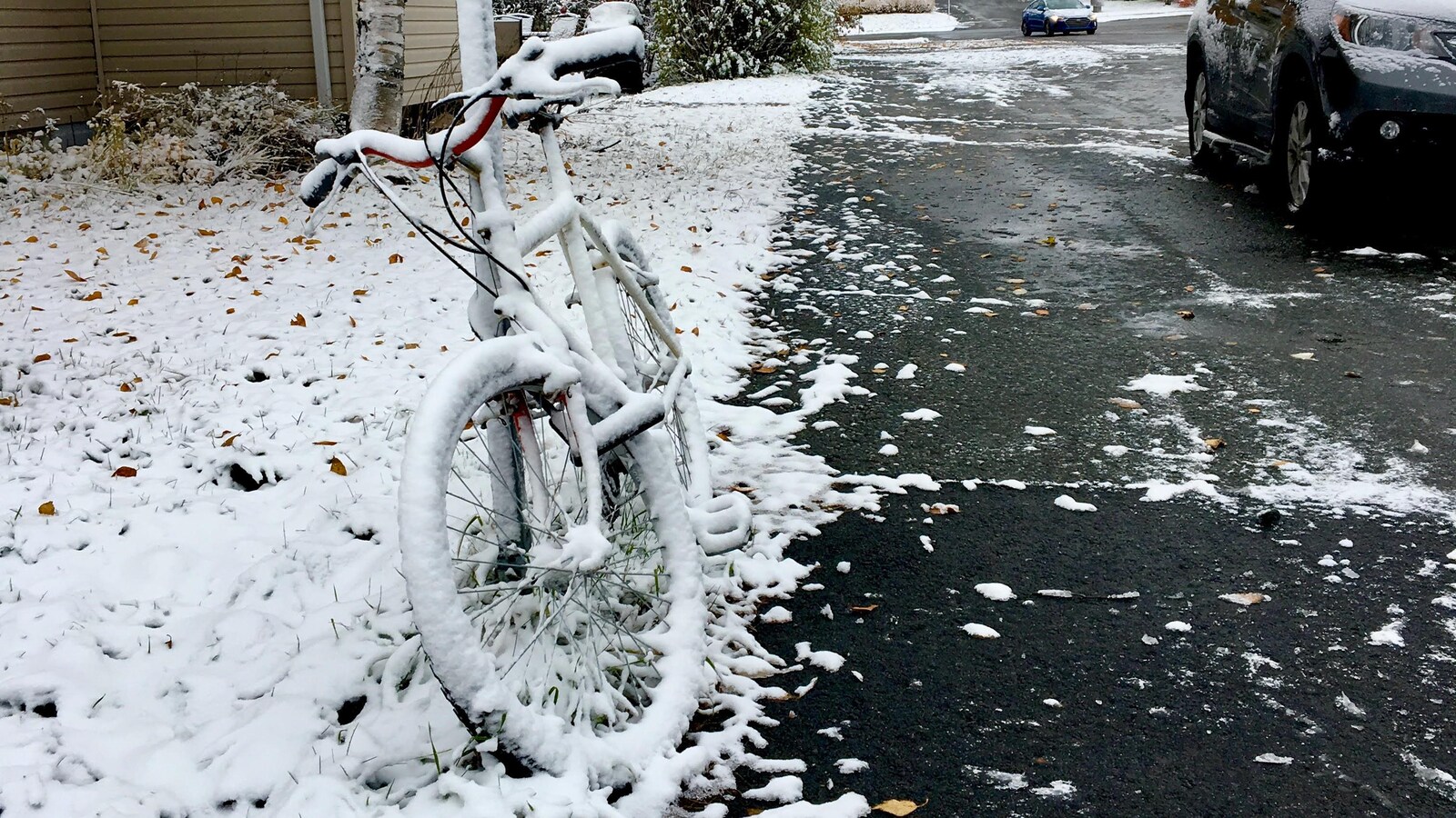 Un vélo posé sur un poteau est complètement recouvert de neige.