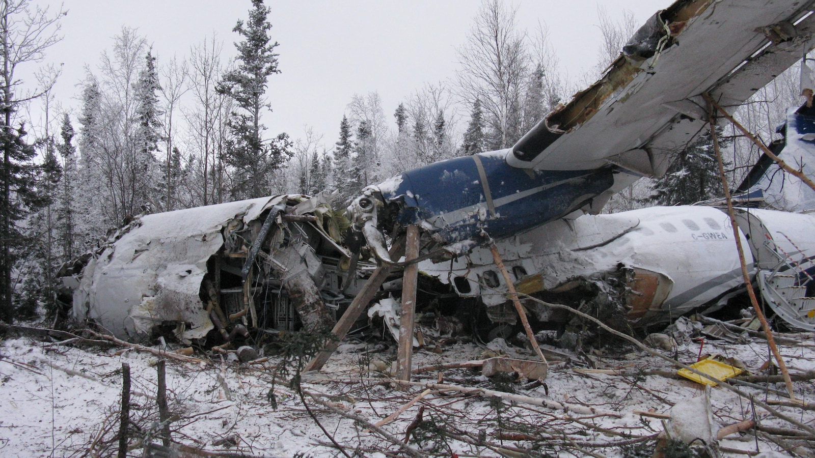 Vue de profil d'un avion bimoteur qui s'est écrasé dans une zone boisée en hiver, la carcasse et l'aile visible sont déchirées.
