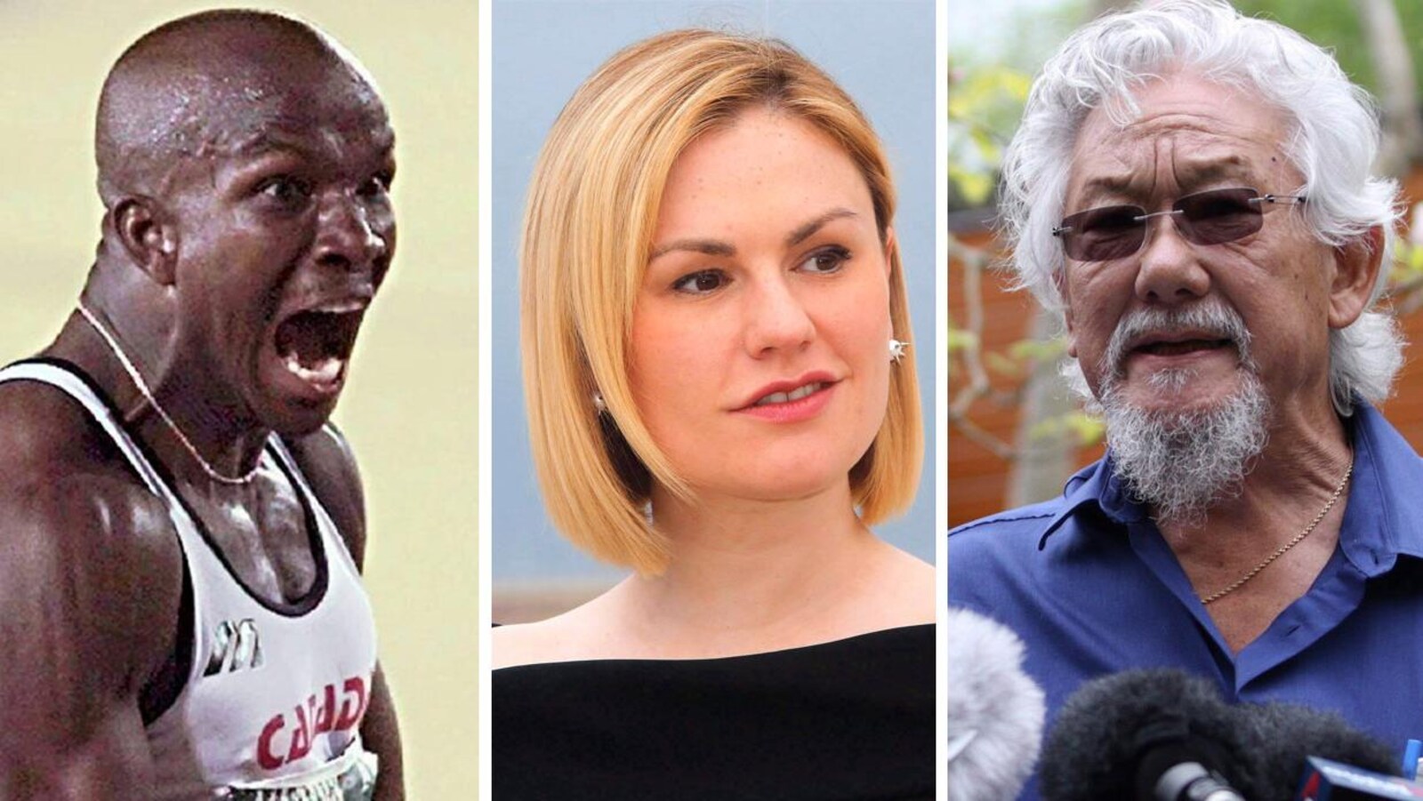 Photo en mosaïque de Donovan Bailey, Anna Paquin et David Suzuki.