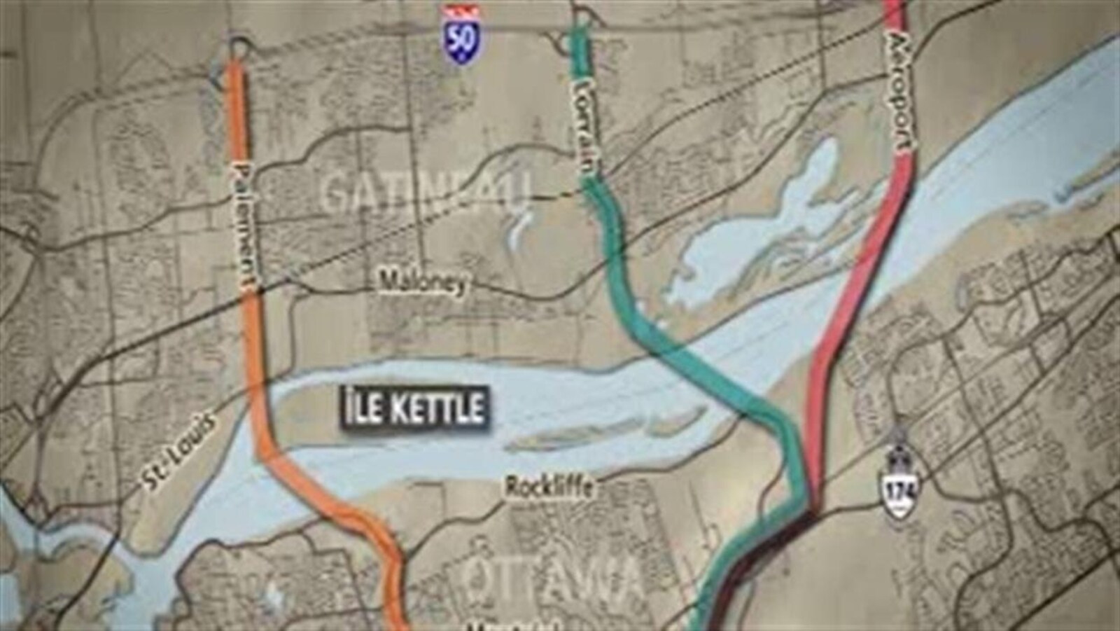 Carte montrant trois tracés potentiels pour un nouveau pont entre Ottawa et Gatineau.