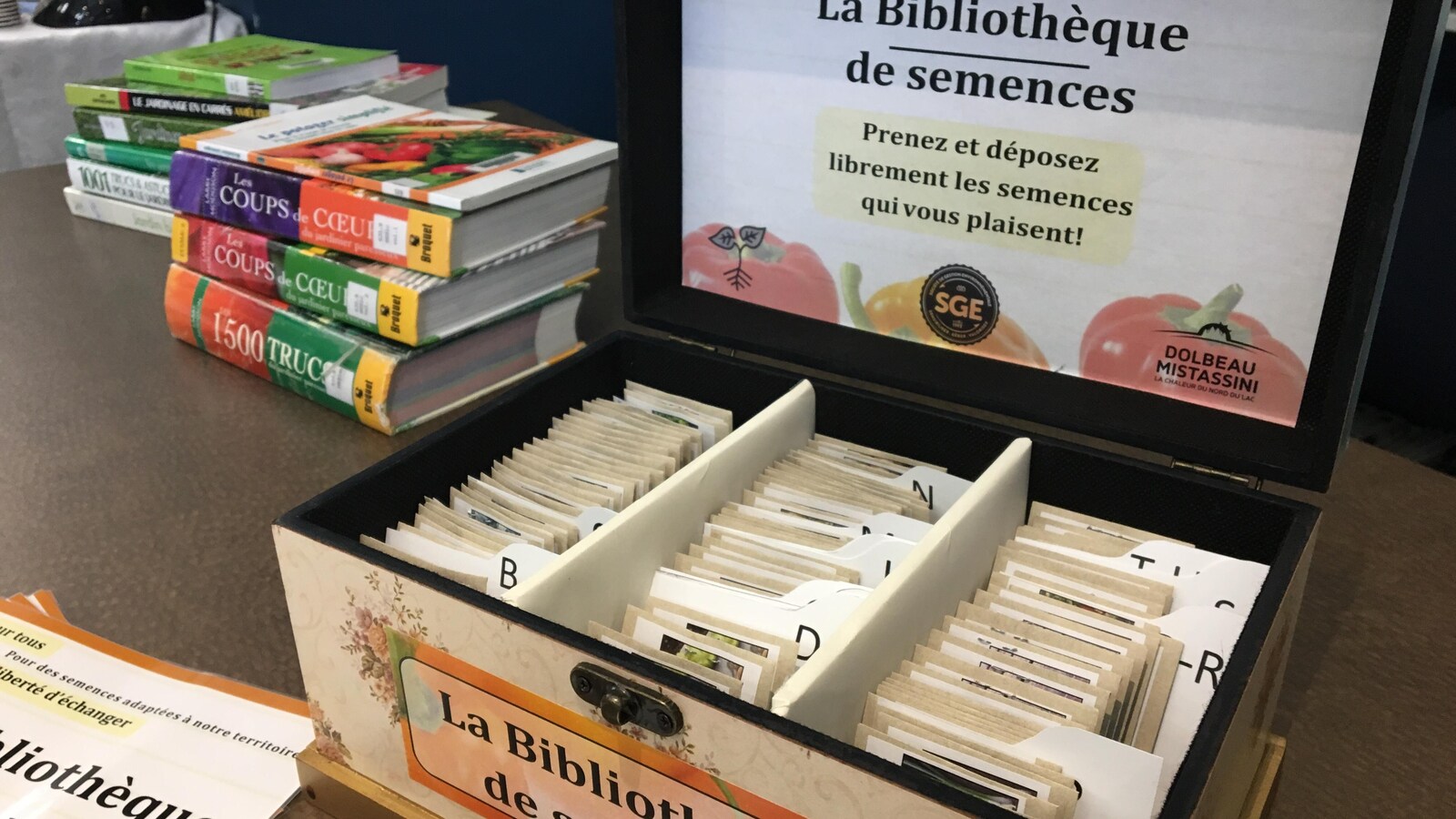 Une boîte ouverte contenant des sachets de graines.