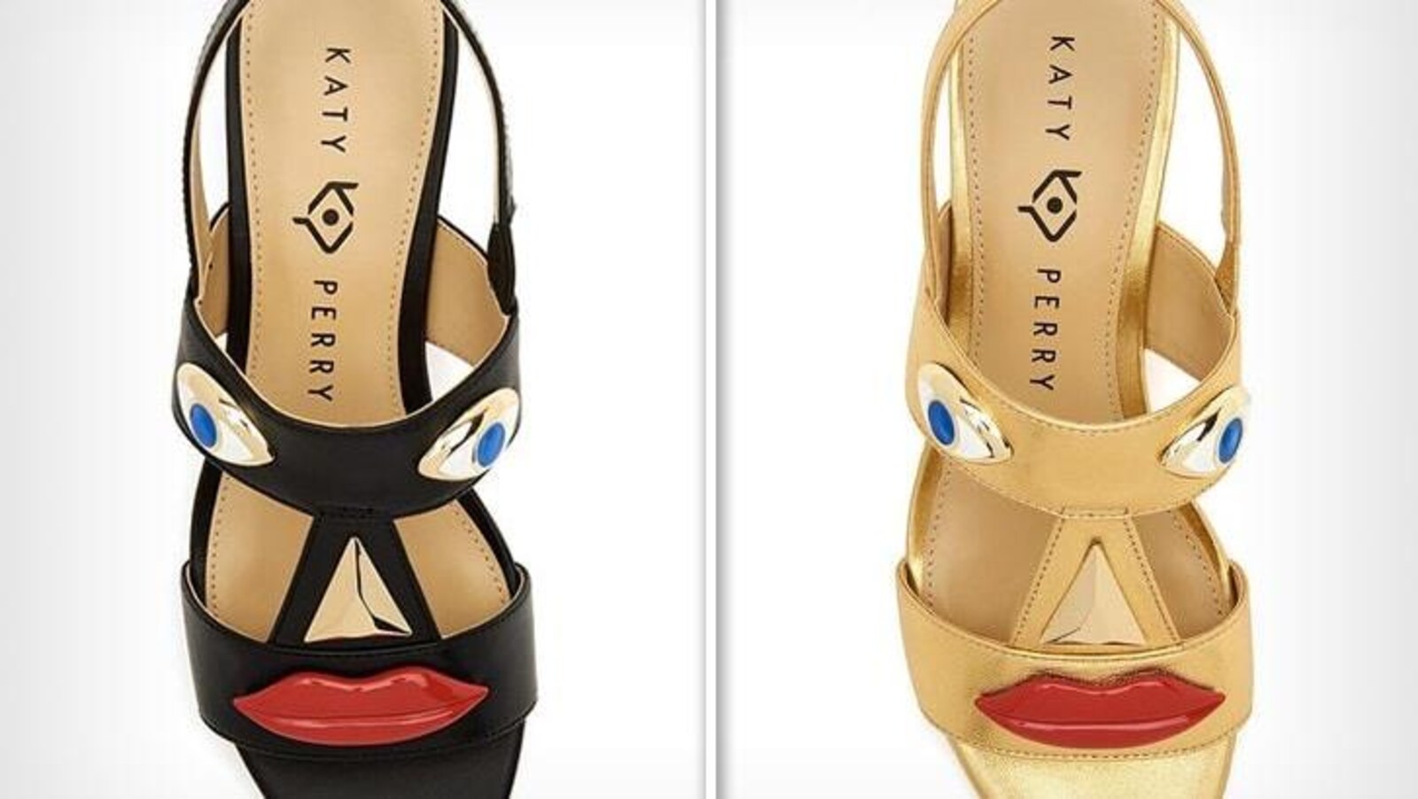 Deux paires de chaussures qui présentent un visage. Une est beige, l'autre est de couleur noire.