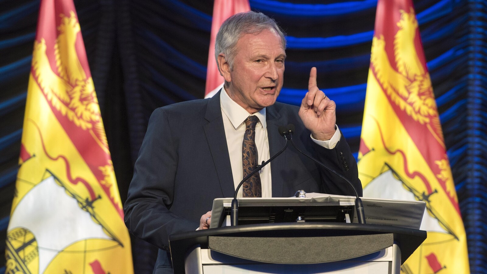 Le premier ministre Blaine Higgs prononce le discours sur l'état de la province, le 31 janvier 2019 à Fredericton.