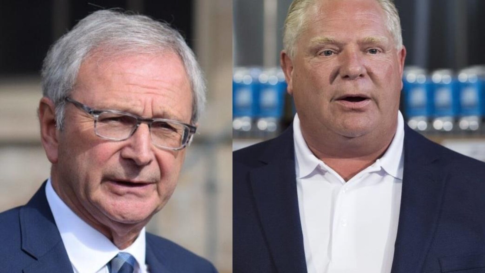 Blaine Higgs, premier ministre du Nouveau-Brunswick et Doug Ford, premier ministre de l'Ontario (de gauche à droite).