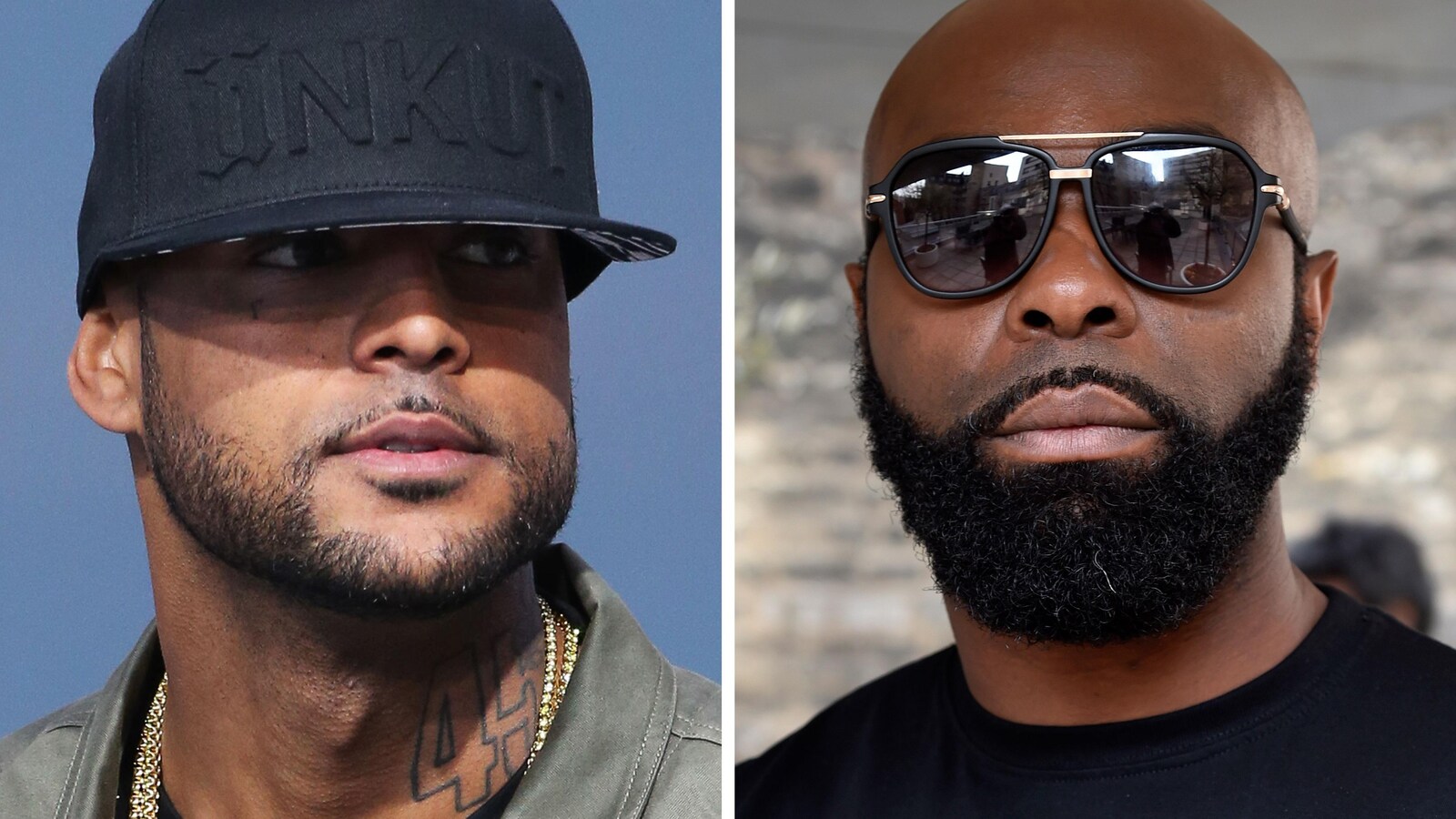 L'homme à gauche, le rappeur Booba, porte une casquette, celui à droite, Kaaris, des lunettes de soleil.