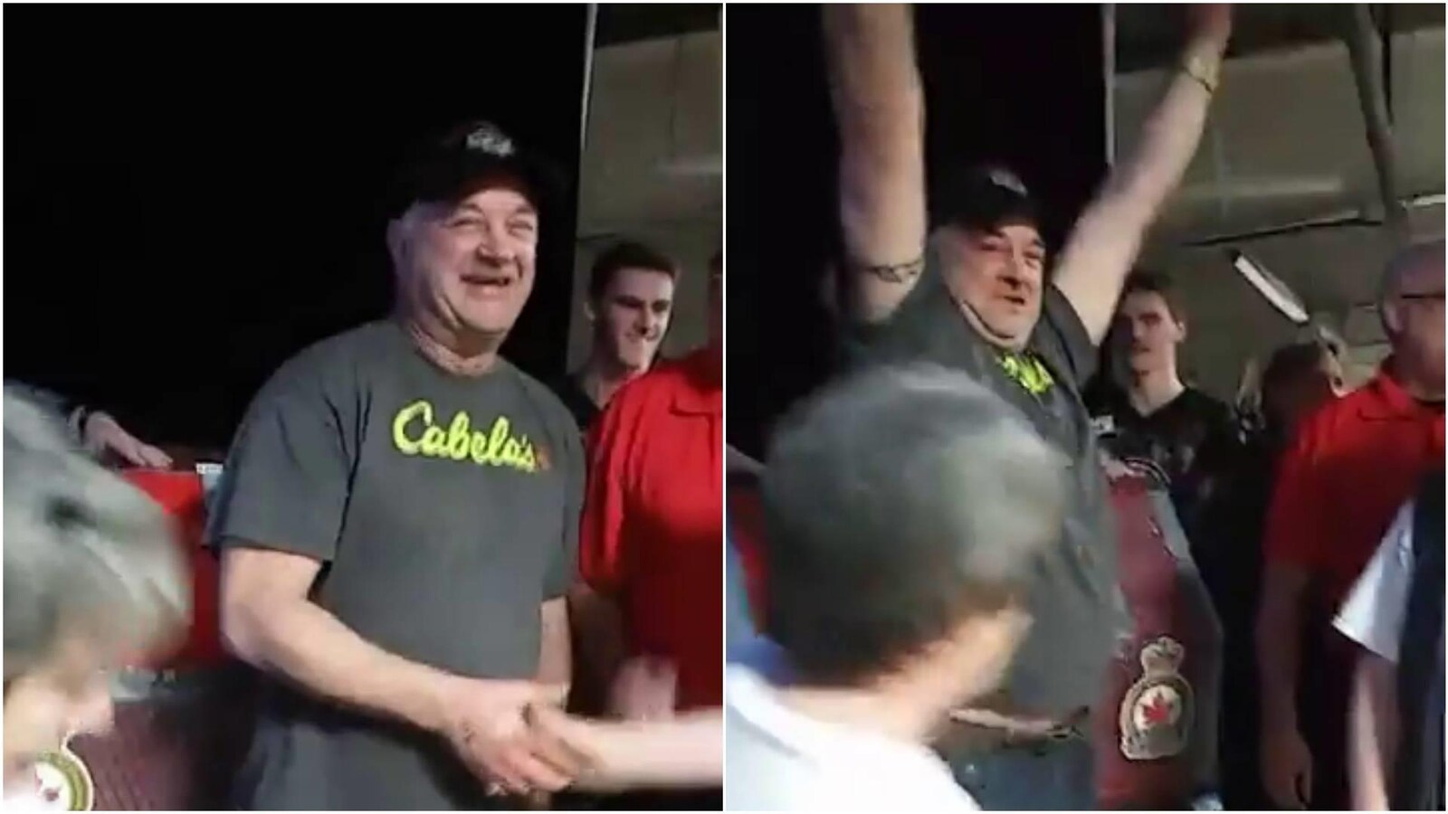 Brad Slugoski qui a remporté le gros lot de la loterie Chase the Ace lève les bras au milieu de la foule