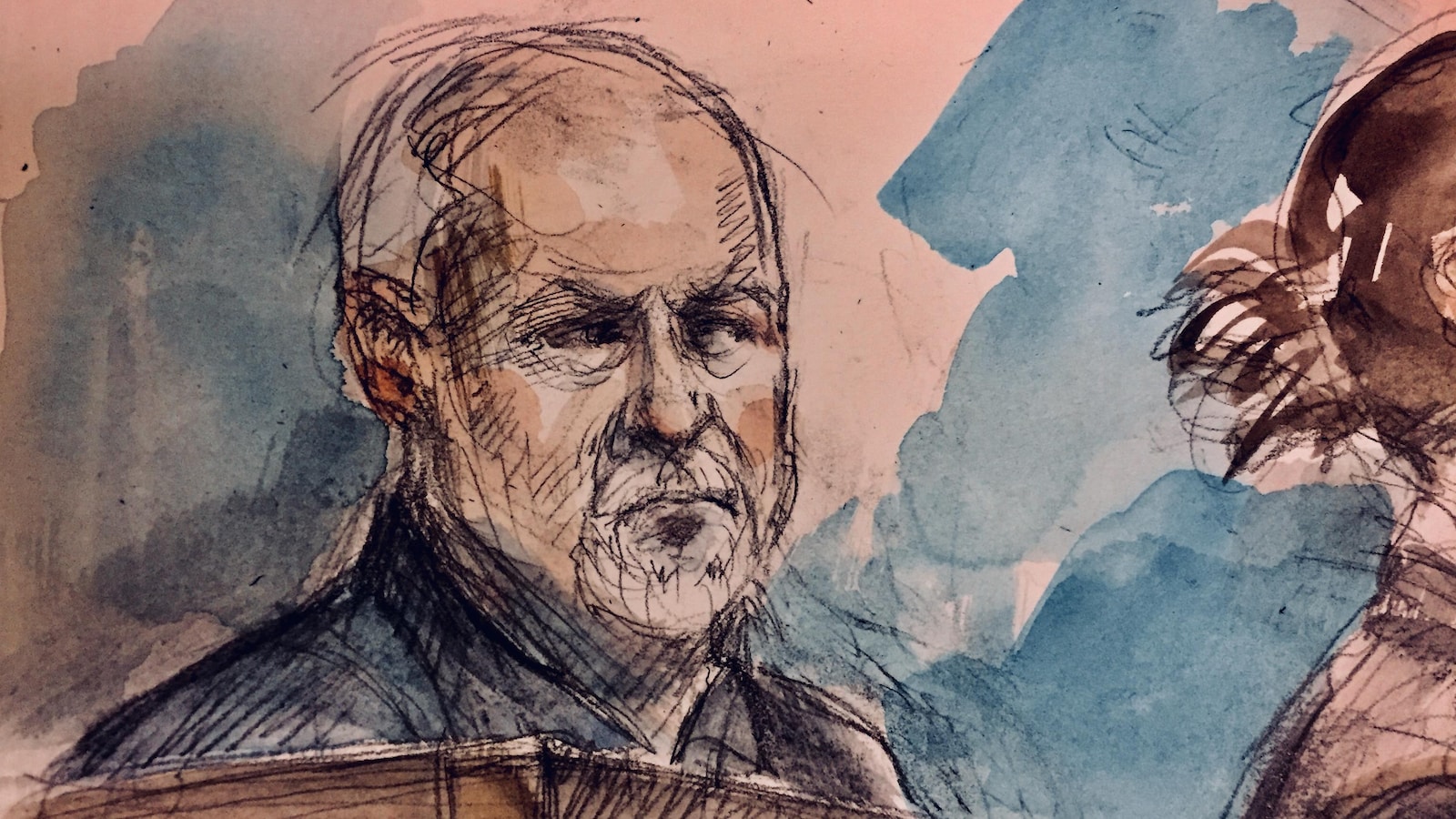 Le dessin de cour d'un homme dans le box des accusés.