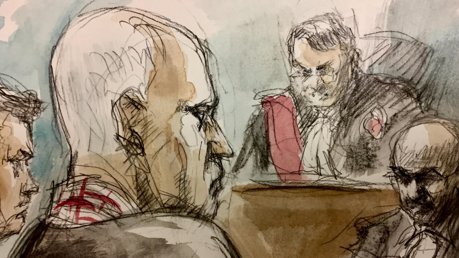 Dessin de cour montrant un homme aux cheveux blancs devant un juge