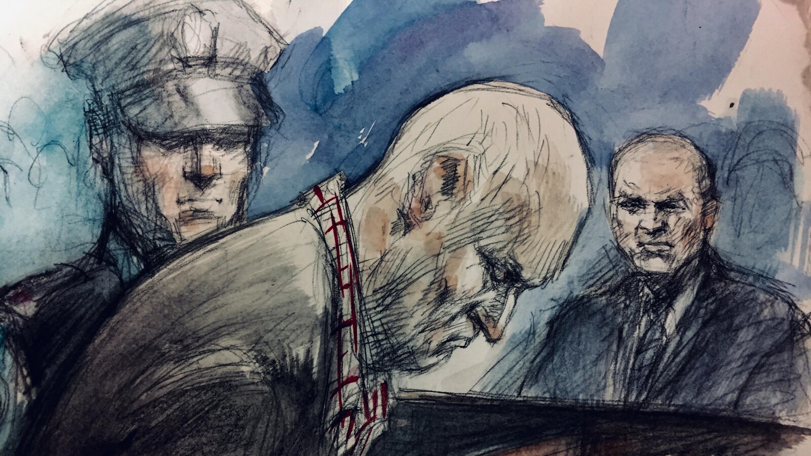 Bruce McArthur est escorté hors de la salle d’audience sous les yeux du détective Hank Idsinga.