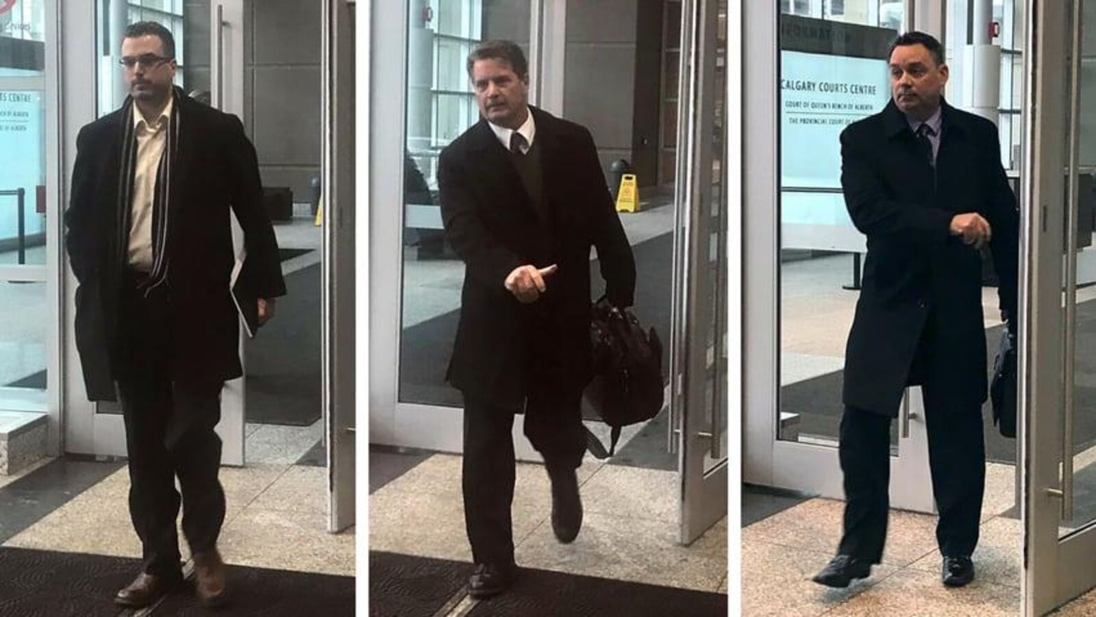 Un photo montage de trois photos collées les unes aux autres de chaque accusé entrant au palais de justice.