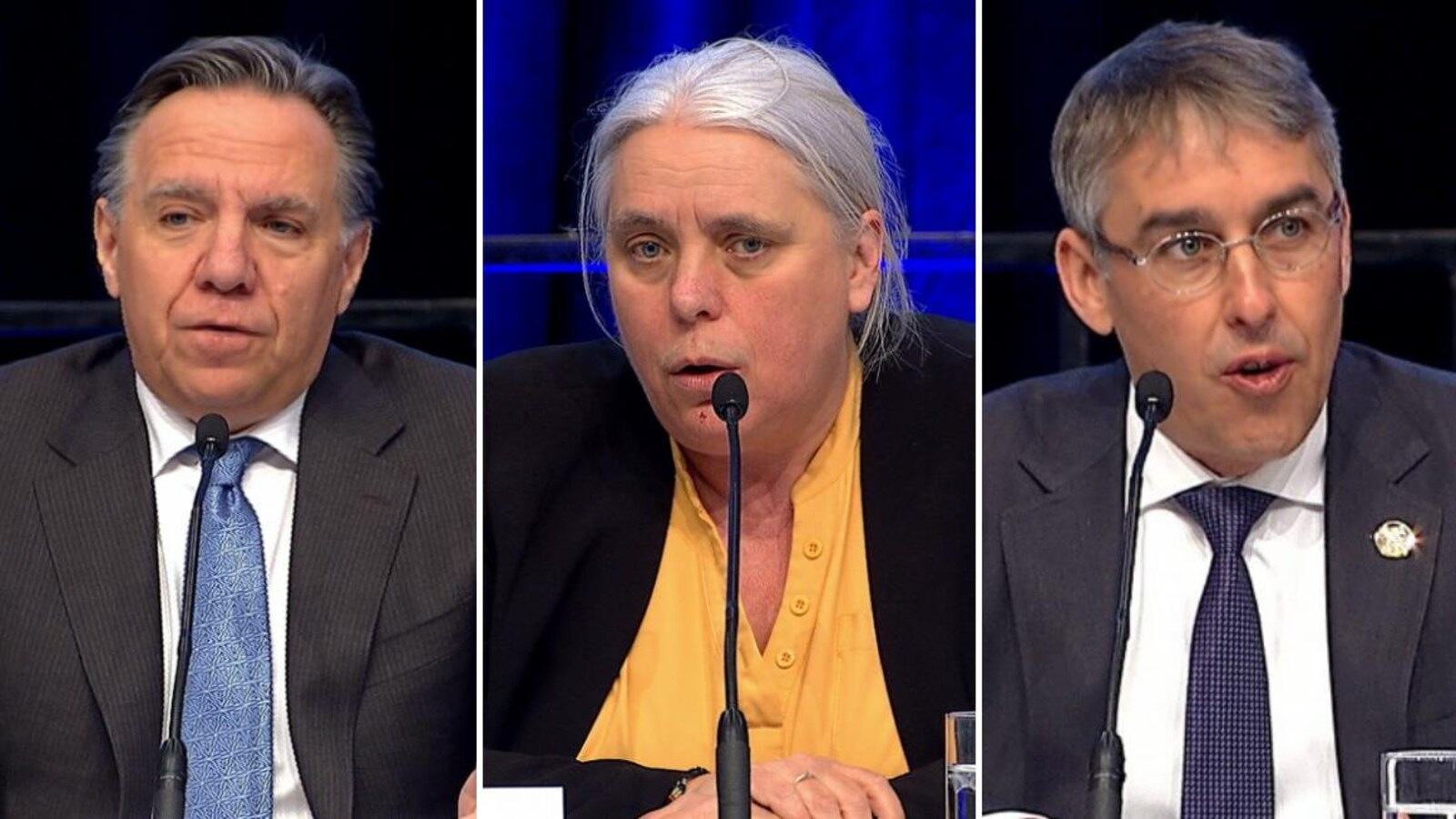 Un montage photo montre, en ordre, François Legault, Manon Massé et Nicolas Marceau.