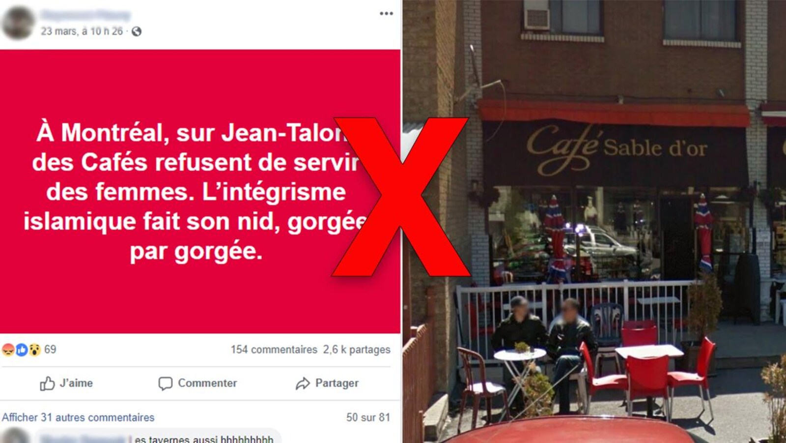 Une publication Facebook sur laquelle est écrit: « À Montréal, sur Jean-Talon, des Cafés refusent de servir des femmes. L’intégrisme islamique fait son nid, gorgée par gorgée. »