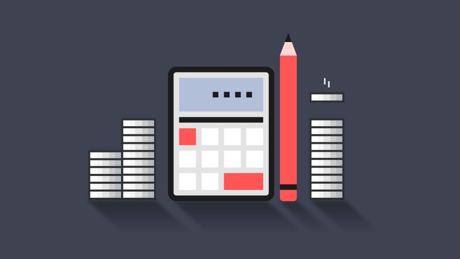 Illustration d'une calculatrice, un crayon et de la monnaie