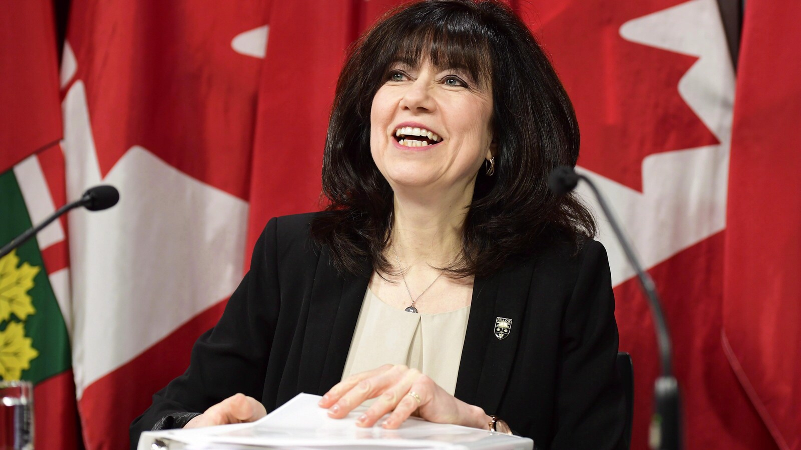 La vérificatrice présente son rapport devant des drapeaux canadiens et ontariens.