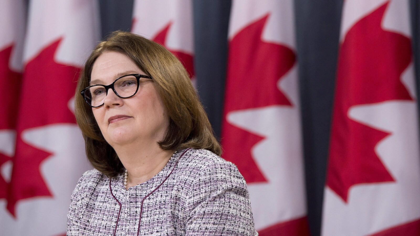 La ministre fédérale des Services aux Autochtones, Jane Philpott, devant des drapeaux canadiens.