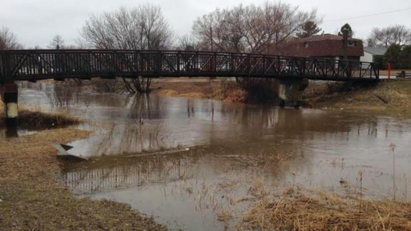 Un pont piétonnier au dessus d'une rivière.
